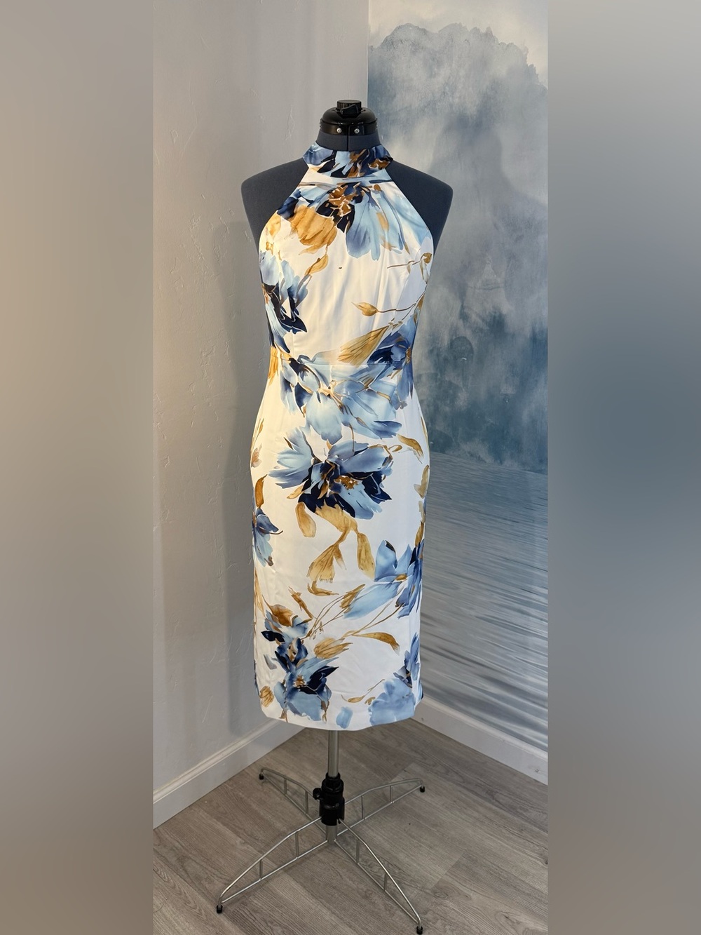 White Halter Midi Dress with Blue and Gold Floral Print# 293